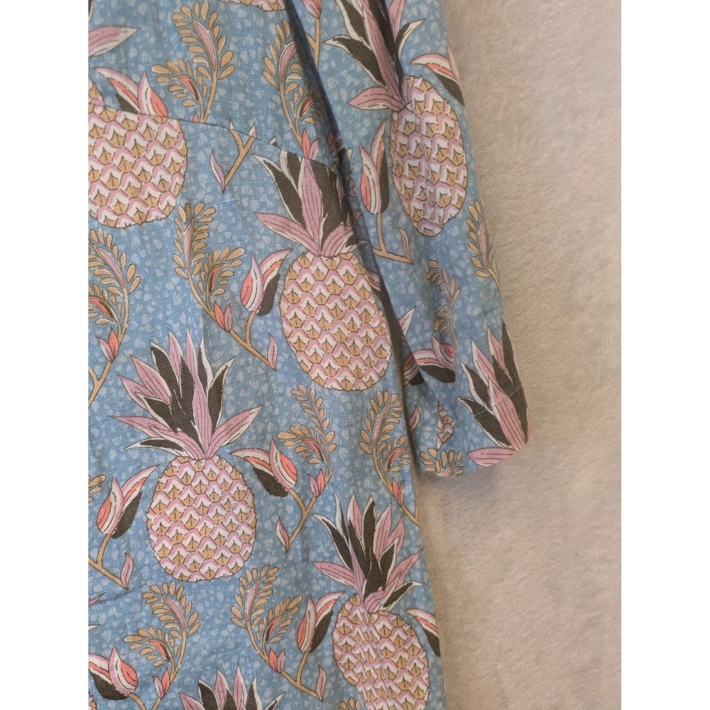 Boden Linen Pineapple Tunic Dress Women's 4R Blue Pink Pom Pom Trim - Picture 8 of 11